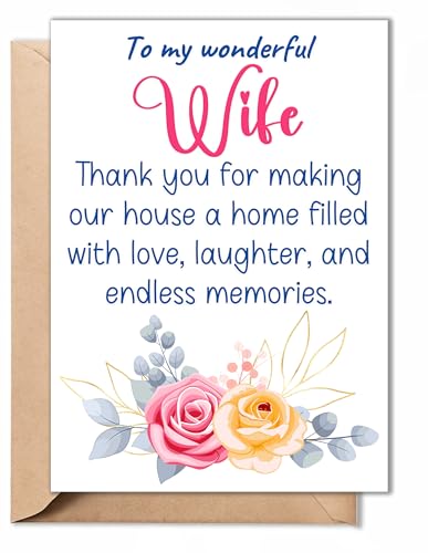 TRIDECOR Mothers Day Card for Wife from Husband – Romantic 5x7 Folded Card with Envelope & Sticker – Sweet Love Message Gift for Wife, Elegant Floral Design, Blank Inside