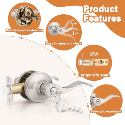 Probrico 10 Pack Keyed Alike Entry Levers, Wave Style Satin Nickel Entry Locksets, Exterior Interior Door Levers with Lock and Same Keys(for Bedroom or Office) - Image 4