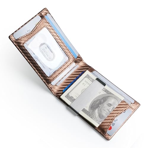 Image of Slim Bifold Wallet for man with Money Clip - RFID Blocking, Multiple Credit Card Pockets - Sleek and Versatile Design - Genuine Leather - Ideal for Cash and Cards (Carbon FIber Brown - Brown)