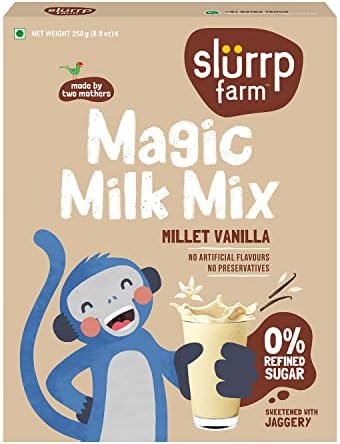 Slurrp Farm Vanilla Nutrition Powder Milk Mix, Sweetened with Jaggery Powder, Contains Jowar and Oats, with 10 Essential Nutrients, 250 g | NO Added Sugar
