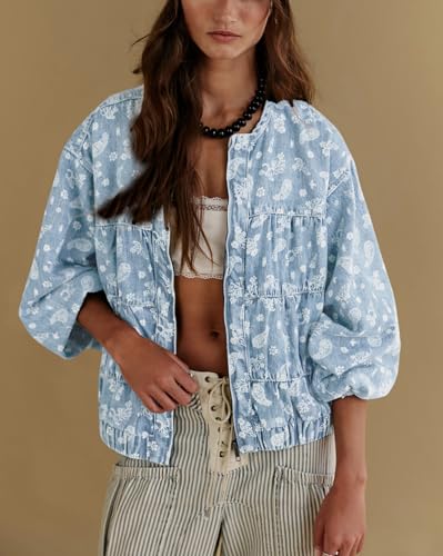 chouyatou Women 2025 Fall Paisley Floral Print Denim Jacket Zip Up Oversized Y2K Trendy Bomber Jean Jacket2