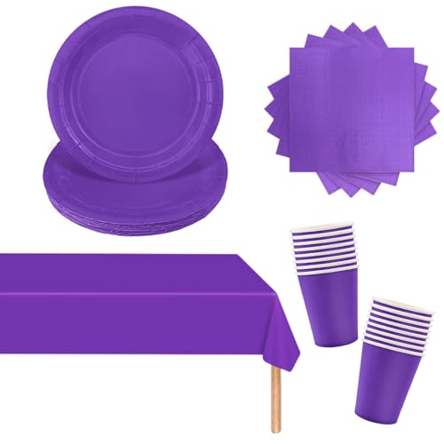 POPOYU Set di stoviglie usa e getta per feste di compleanno per bambini, 53 pezzi, colore: viola, tovaglia, piatti di carta da 17,8 cm, tovaglioli di carta, bicchieri per bomboniere di compleanno e