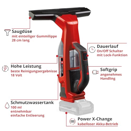 Einhell Akku-Fensterreiniger BRILLIANTO Power X-Change (18 V, 28 cm lange Saugdüse, streifenfreie Reinigung, inkl. Sprühflasche mit Mikrofasertuch, ohne Akku)