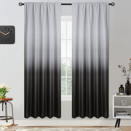 Yakamok Rod Pocket Ombre Room Darkening Curtains for Bedroom, Black and Greyish White Light Blocking Gradient Thermal Insulated Curtains Drapes for Living Room,2 Panels, 52x72 inches