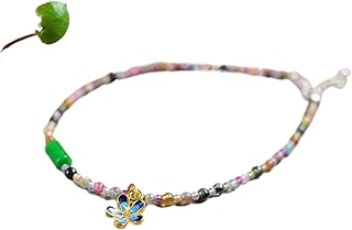 Pulseras de Cuentas, Tobillera de Cristal 7A Color Turmalina con Cuentas Lucky Cloisonne Flower Charm Tobillera Esmeralda Joyería de Vacaciones Atraer Dinero Prosperidad Suerte
