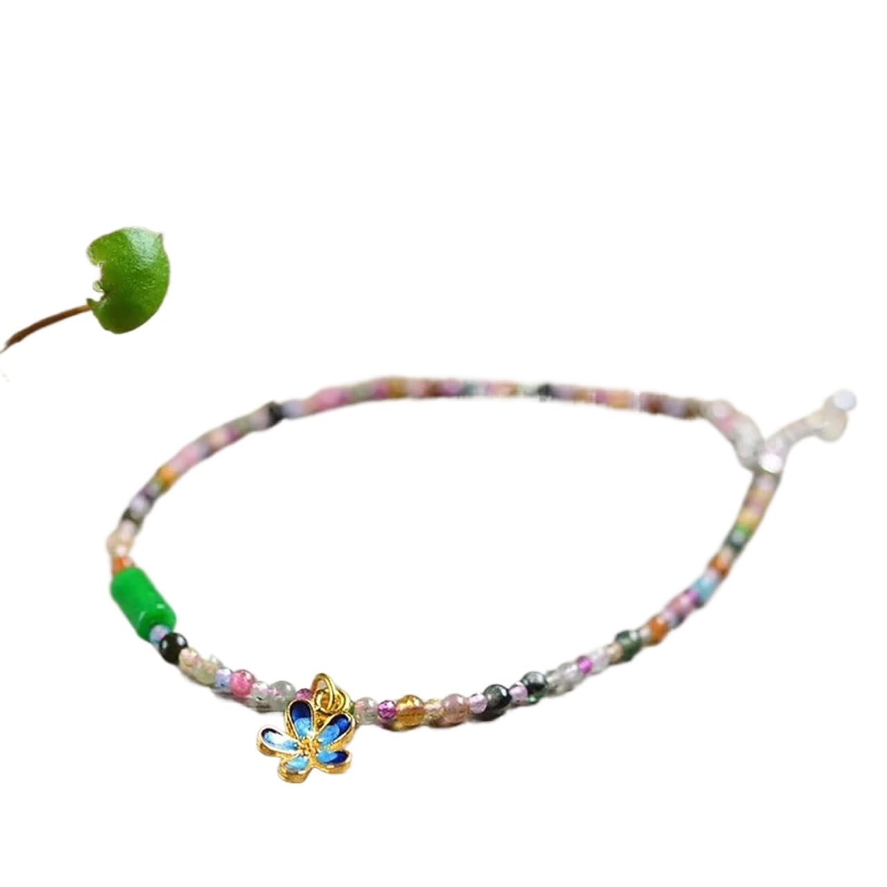 Bracciale con Perline, cavigliera di 7A Colore tormalina con Perline Portafortuna Cloisonne Fiore Cavigliera Smeraldo Gioielli per Le Vacanze Attira Denaro Prosperità Fortuna