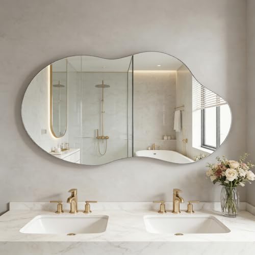 SHYFOY Large Decorative Wall Mirror Irregular, 43"x22" Silver Asymmetrical...
