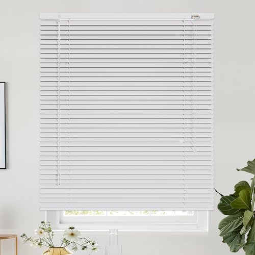 Aluminum Mini Blinds, 1'' Slat Cordless No Drill Venetian Blind, W 10'' 20'' 23'' 48'' 55'' 72'' Room Darkening Horizontal Mini Blinds, Waterproof Window Shades for Office Home Indoor Privacy(White)