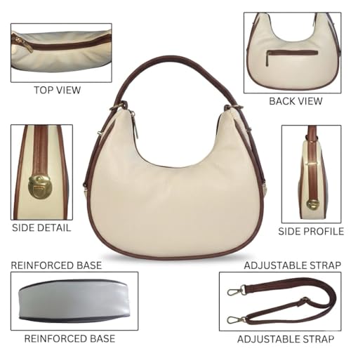 Image of Crescent Hobo Handbag for Women, Cream with Brown Trim, Adjustable Strap, Reinforced Base, 24x30x6cm