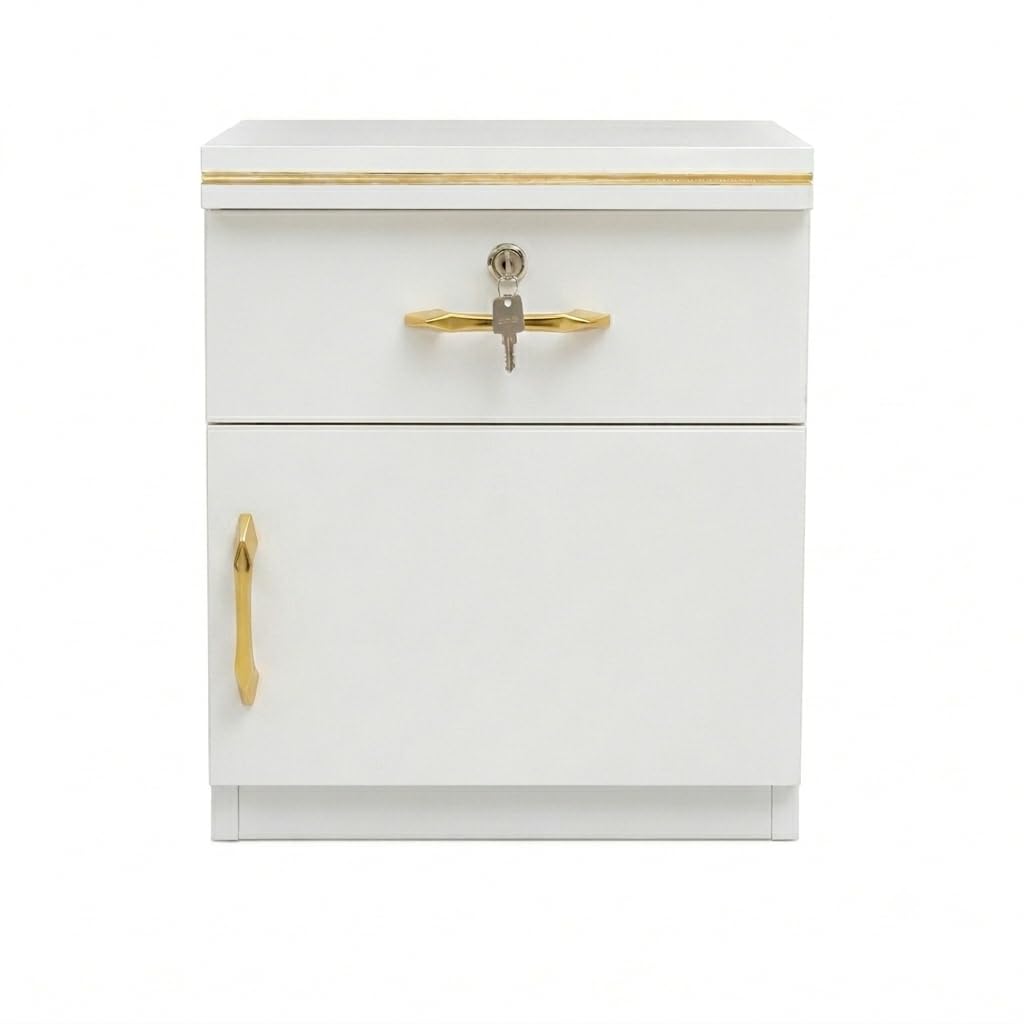 1-Drawer 1 Door Bedside Cabinet, White with Gold Handles, Lockable Storage Nightstand, Modern Style-image-27