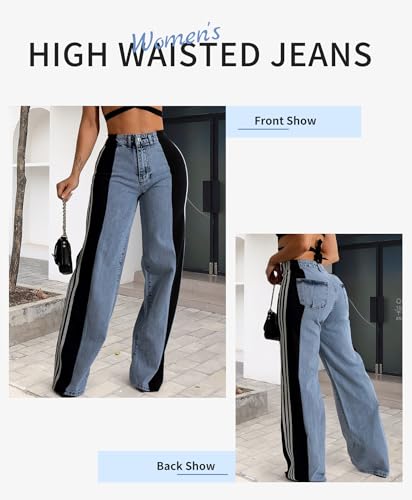 LONGBIDA Women's High Waisted Jeans Two Tone Stretchy Baggy Trendy Wide Leg Denim Pants2