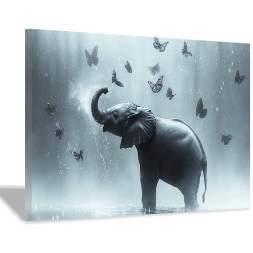 Impression sur toile Éléphant Papillon Noir Blanc 60x90cm encadrée moderne