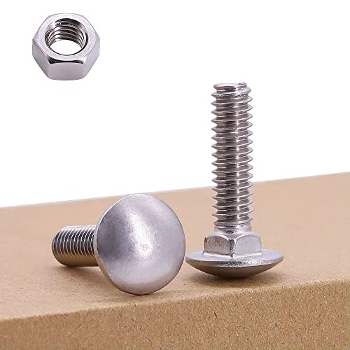 Image of M8-1.25 x 20mm (10 Sets) Carriage Bolt DIN603 with Hex Nut DIN934, Full Coarse Thread, 304 Stainless Steel 18-8, Round Head Square Neck Screws Coach Bolt