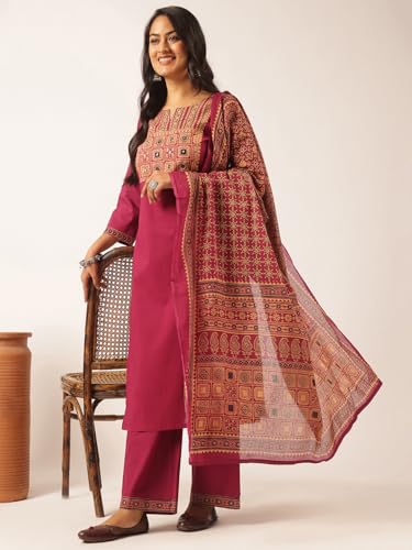 Image of Vbuyz Women Ajrakh With Yoke design Cotton Straight Kurta Set With Dupatta