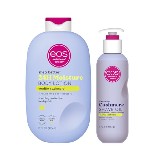 Image of Bundle of eos Shea Better Body Lotion + Cashmere Shave Oil, Vanilla Cashmere, 24-Hour Moisture Skin Care, Lightweight & Non-Greasy, Natural Shea, Vegan, Soothing Moisturizing