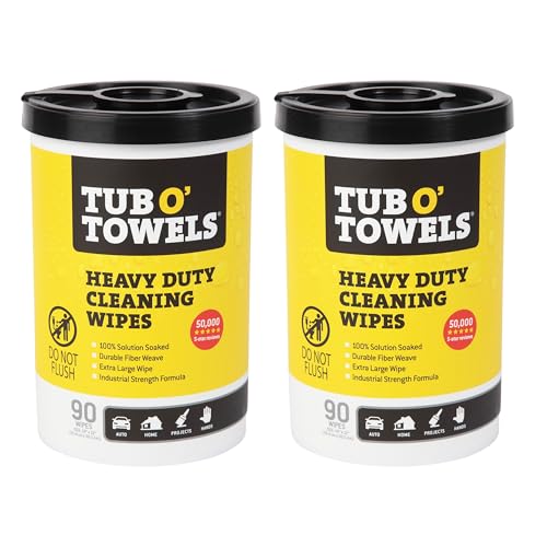 Tub O Towels Heavy-Duty Multi-Surface Cleaning Wipes 10 x 12 90 Count Canister Removes Grease Grime Tough Stains Durable Disposable Wipes for Home Garage Outdoor Cleaning Tasks 2-Pack