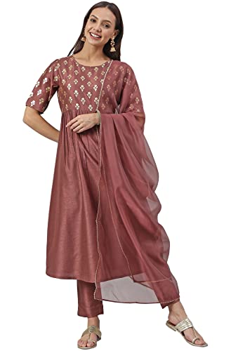 Image of Janasya Women's Brown Poly Silk Foil Print Kurta with Pant and Dupatta