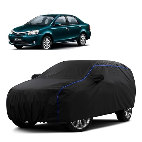Image of Sulfar 100% Water Resistant Car Body Cover Compatible with Mirror for Toyota Etios (Triple Stitched, Full Bottom Elastic, Black Tafetta with Blue Piping)