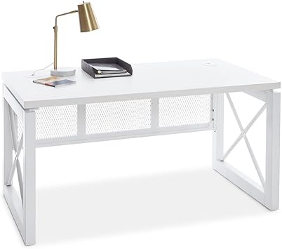 NBF White Compact Desk - Classic Laminate Top with White Accents - Industrial Style Computer Desk - Solid Wood Frame Office Workstation for Home Office, Easy Assembly, Urban, 60" W x 32" D