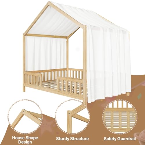 Image of Full Size Wood House-Shape Platform Bed with Roof Frame and Canopy, Montessori Floor Bed with High Railings and Slat Support for Kids Girls Boys, No Box Spring Needed (Natural-05, Full)