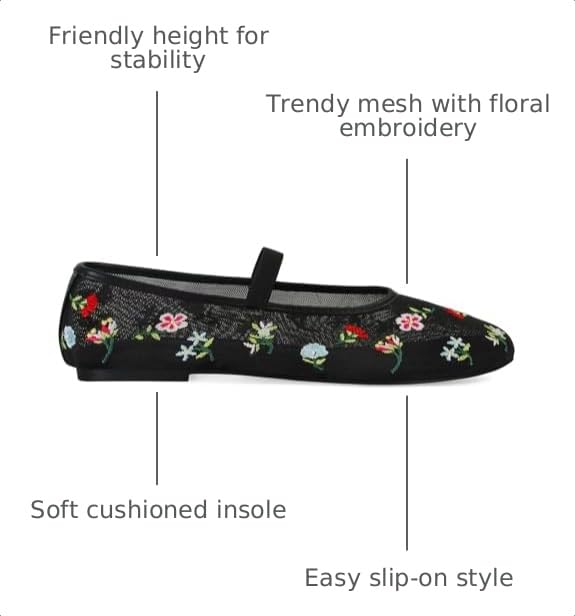 Image of Mesh Ballet Flats for Women Embroidered Floral Mary Jane Flats Comfortable Casual Daily Dress Ballerina Shoes