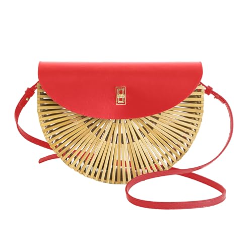 Image of Handwoven Bamboo Bag Summer Straw Purse Crossbody Bags for Women Natural Handmade Beach Bamboo Purse with Leather Strap