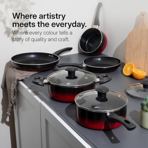 Image of Kreme Aura Granite Non Stick Cookware Set 10pcs | Aluminium Cookware Set | Fry Pan 20cm, 26cm, Sauce Pan 16cm, 18cm, Casserole Pot 20cm with 3 Glass Lid | Induction & Gas Compatible, Red | Granite Cookware Set