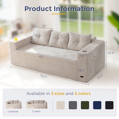 Image of MAXYOYO 79 inch Oversized Boneless Loveseat Sofa Couch for Small Spaces, Mini Love Seat Floor Couch with Cup Holders and Pillows, 3-Seater Upholstered Cloud Couch for Bedroom, No Assembly Required