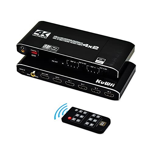 Estratto audio HDMI e EDID impostabile: lo splitter HDMI Switch supporta i canali LPCM/Dolby/DTS 5.1 e la gestione intelligente EDID. Qualsiasi sorgente di ingresso HD può eseguire l'estrazione audio dalla porta di uscita audio SPDIF o da 3,5 mm per cuffie separatamente. Il sensore IR integrato viene fornito con un pratico telecomando intuitivo che rende gli ingressi di commutazione. Il selettore HDMI può anche passare premendo il pulsante. Nota: batteria AAA necessaria, e pls confermare che il formato audio è corretto.