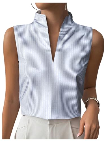 SOLY HUX Women's Work Outfits V Neck Sleeveless Blouses Summer Casual Tank Tops Business Office Dressy Striped Shirts Blue and White Large