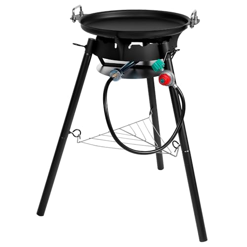 RYHOFOUD Paella Pan Set with Burner 16 Inch Carbon Steel Outdoor Pan and Reinforced/Adjustion Legsfor Outdoor Cooking-Q044-2
