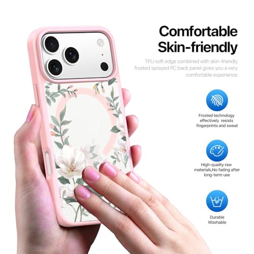 Image of VONZEE Back Cover Case Compatible with iPhone 17 Pro Case Luxury Retro Flowers Floral Clear for Magnetic Wireless Charging Case Shockproof PC+TPU Cute Glossy Shiny Cover for Girls Women, 6.3'' Pink