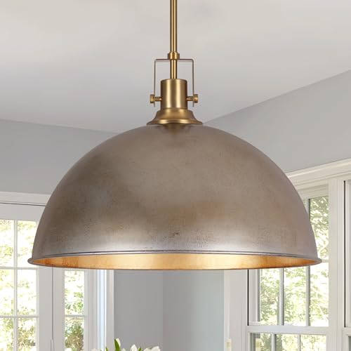 Caiselee 17.7 Inch Large Dome Pendant Light, 1-Light Antique Silver Pendant Lighting All Metal...
