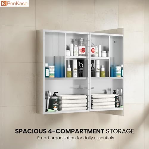 Image of BonKaso Premium SS 304 Bathroom Mirror Cabinet | Wall-Mounted Stainless Steel Storage Cabinet with Frameless Mirror (16x24 Inch, Chrome Finish)