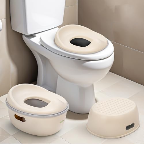 Image of Baybee 3 IN 1 Baby Potty Seat for Kids with Step Stool | Portable Potty Training Seat with Removable Tray & Non Skid Base | Baby Western Toilet Seat | Baby Toilet Chair for Kids 1 to 5 Years (Beige)
