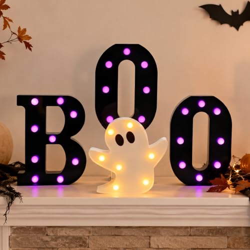 InnovTools Autumn Halloween Decorations BOO Marquee Letters with Ghost Light Purple LED Light Up Sign Spooky Table Centerpiece Wall Decor for Halloween Home Room Indoor Party Battery Operated Signs