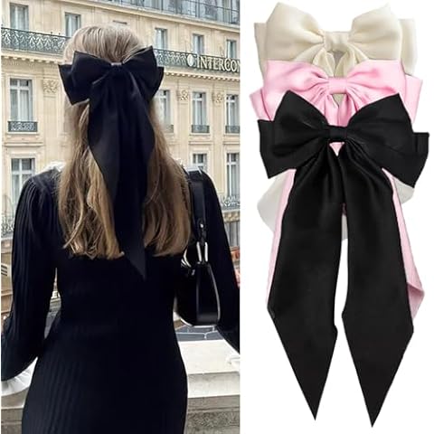 Large Bow Hair Clips with Bowknot Tassels: 3 Pcs Hair Barrettes for Women and Girls (Black, Pink, Beige) Cover