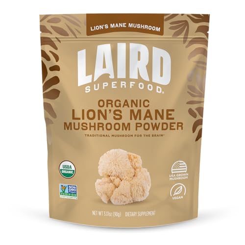 Laird Superfood Organic Lions Mane Mushroom Powder for Cognitive Function and Immune Support, 3.17 oz. Bag, Pack of 1