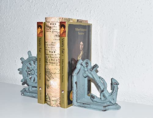 Juconsin Anchor Bookends, Antique Blue Nautical Ship Wheel And Anchor Decorative Bookends Set, Heavy Duty Cast Iron, Cute Bookends For Office Home Desk Bookrack Shelves #TOP6