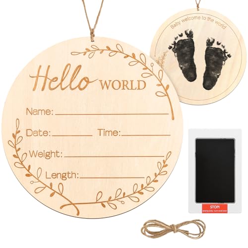 Image of ZIEYOMI-Baby Announcement Sign, Wooden Hello World Newborn Baby Name Sign Birth Announcement Board Plaque for Hospital Nursery Photo Prop Ba-by Shower