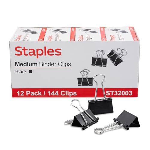 Staples Medium Binder Clips, 0.63' Capacity, Black, 144...