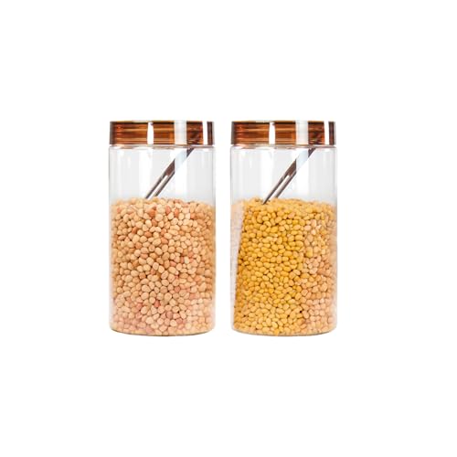 Image of PEARLPET Plastic Containers for Kitchen Storage | Plastic Container Set with Spoon | BPA-Free, Stackable Jars | Brown, 1400 ML (Set of 2)