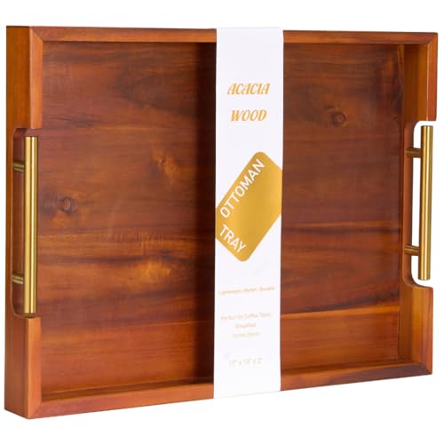 Premium Acacia Wood Ottoman Tray, 17x13 inches Large Serving Tray, Decorative Coffee Table Tray with Metal Handles, Ideal for Breakfast in Bed, Appetizers, Kitchen & Living Room Decor