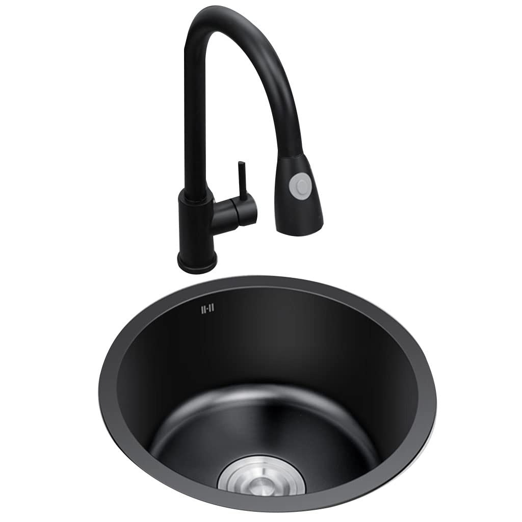 LMYSXAOZ Single Bowl Black Stainless Steel Round Sink With Faucet Kitchen RV Apartment Mini Bar Washbasin Embedded Siphon (Color : BlackC, Size 36 * 36cm)