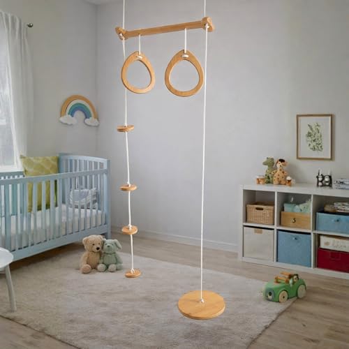3-in-1 Indoor-Outdoor Playground Gym for Kids – Wooden Climbing Rope, Gym Rings & Disc Swing,...