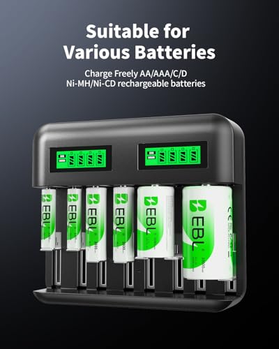 Image of EBL LCD 8 Bay Battery Charger, AA AAA C D Rechargeable Battery Charger for Rechargeable Batteries Ni-MH AA AAA C D Batteries with Type C Input