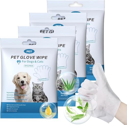 [4 Paquetes/24 Comprimidos] Toallitas para Mascotas, Toallitas Desechables para el Aseo de Mascotas, Suaves y No Irritantes, Adecuadas para la Limpieza y el Cuidado Diario de Perros y Gatos