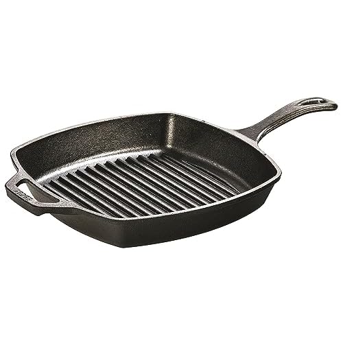 Lodge 10.5 Inch Pre-Seasoned Cast Iron Square Grill Pan – Signature Teardrop Handle & Assist Handle – Use Grill Pan in the Oven, on the Stove, on the Grill, or Over a Campfire – Black