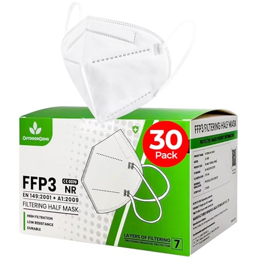 OutdoorGems FFP3 Face Masks Pack of 30 – UK Certified EN149:2001+A1:2009, 7 Layer Disposable Protective Dust Masks ≥99% Filtration, Individually Wrapped, Ideal for Work, Sanding, Travel & Construction