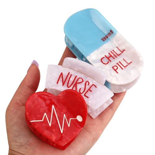 Nurse Cap Hair Claw, Red Heart Clip, Chill Pill Claw - Set of 3